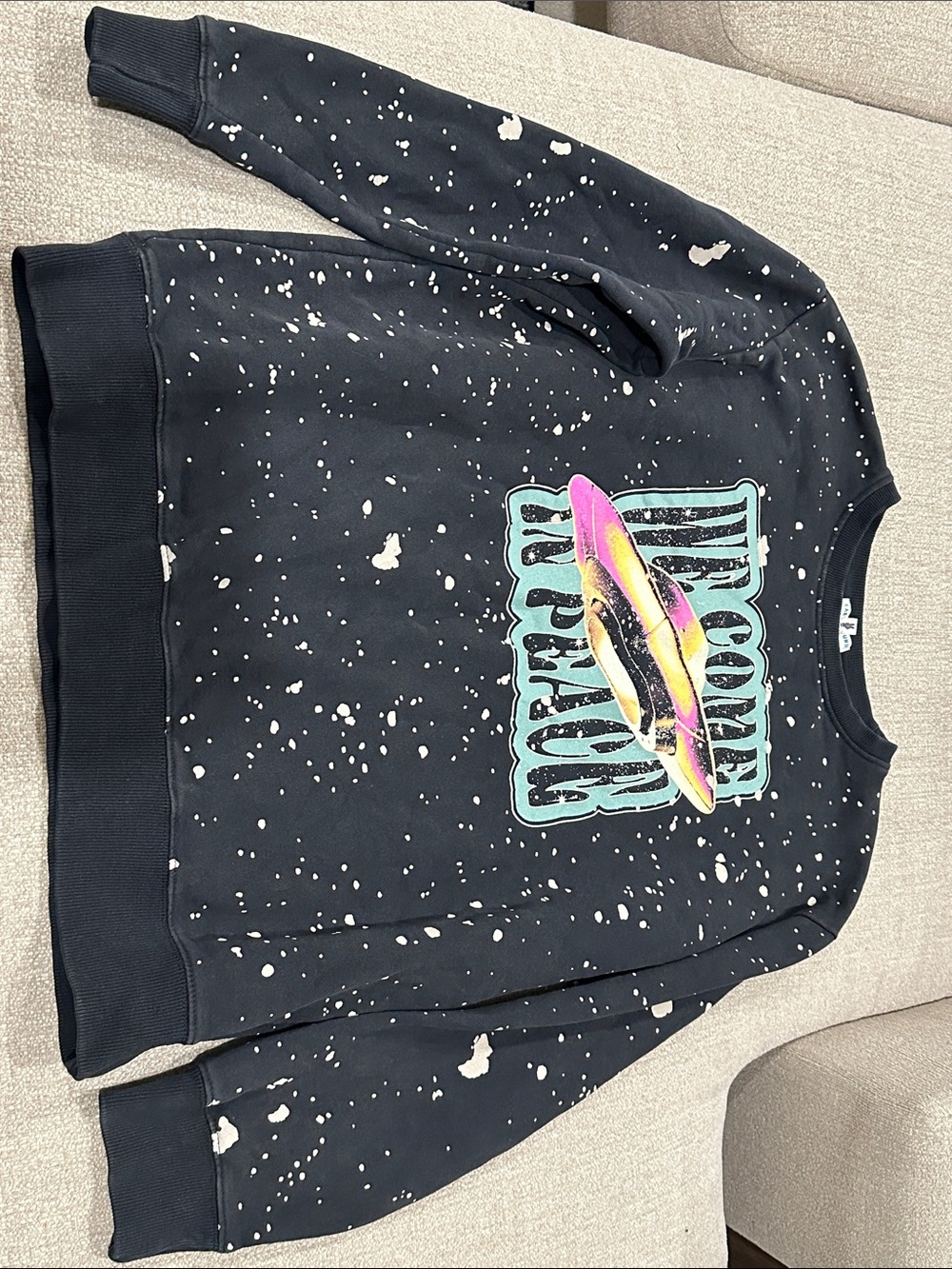 Earthbound Trading Co Black Bleach-Splatter UFO Graphic Sweatshirt Size S